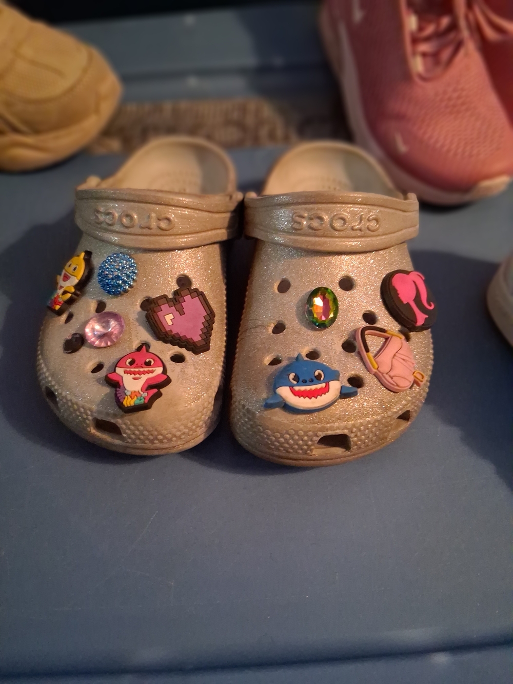 CROCS Kids Silver Glittered Clogs with Colorful Charms